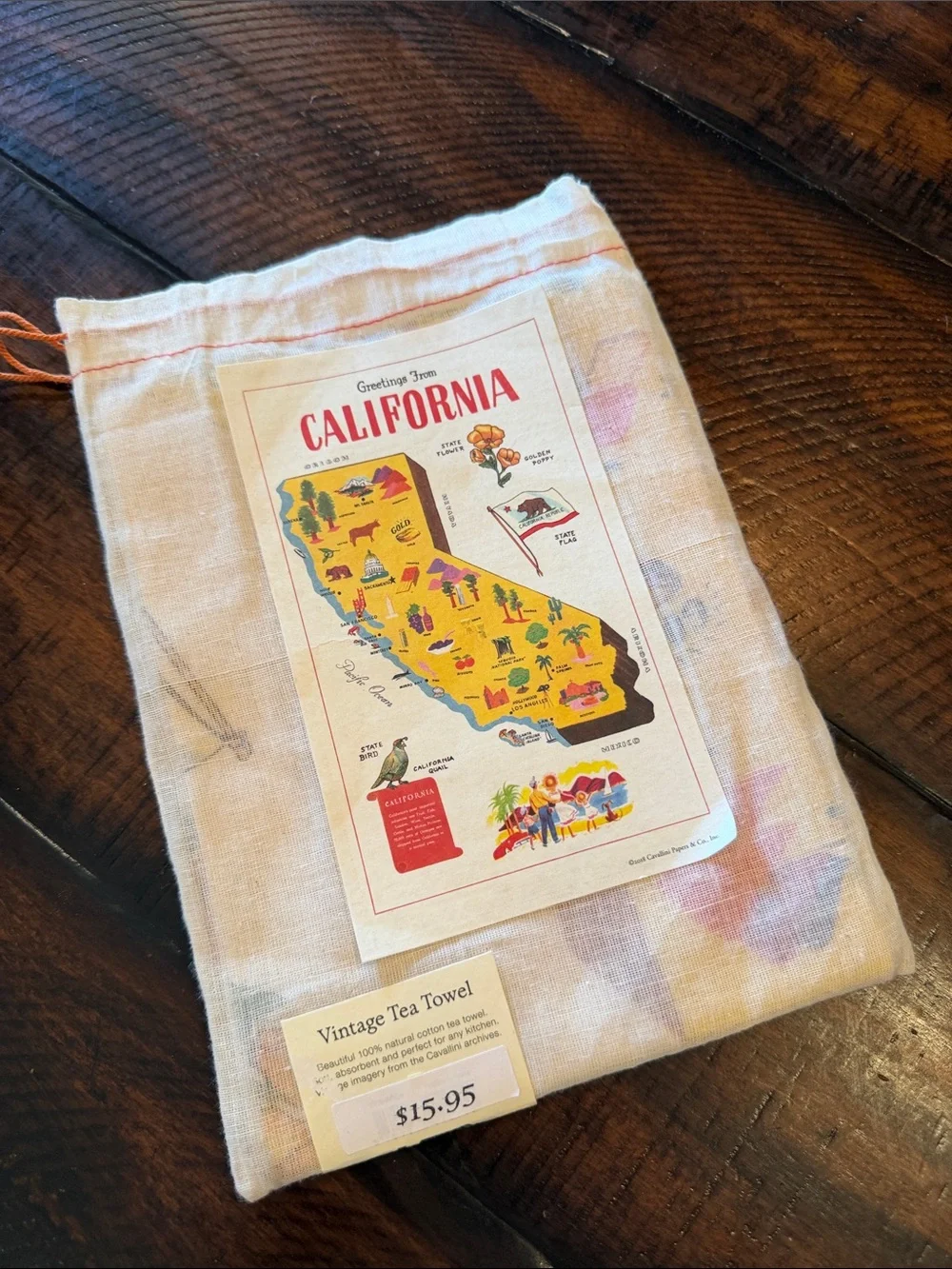 Vintage California Tea Towel - Cream with Yellow Map Print